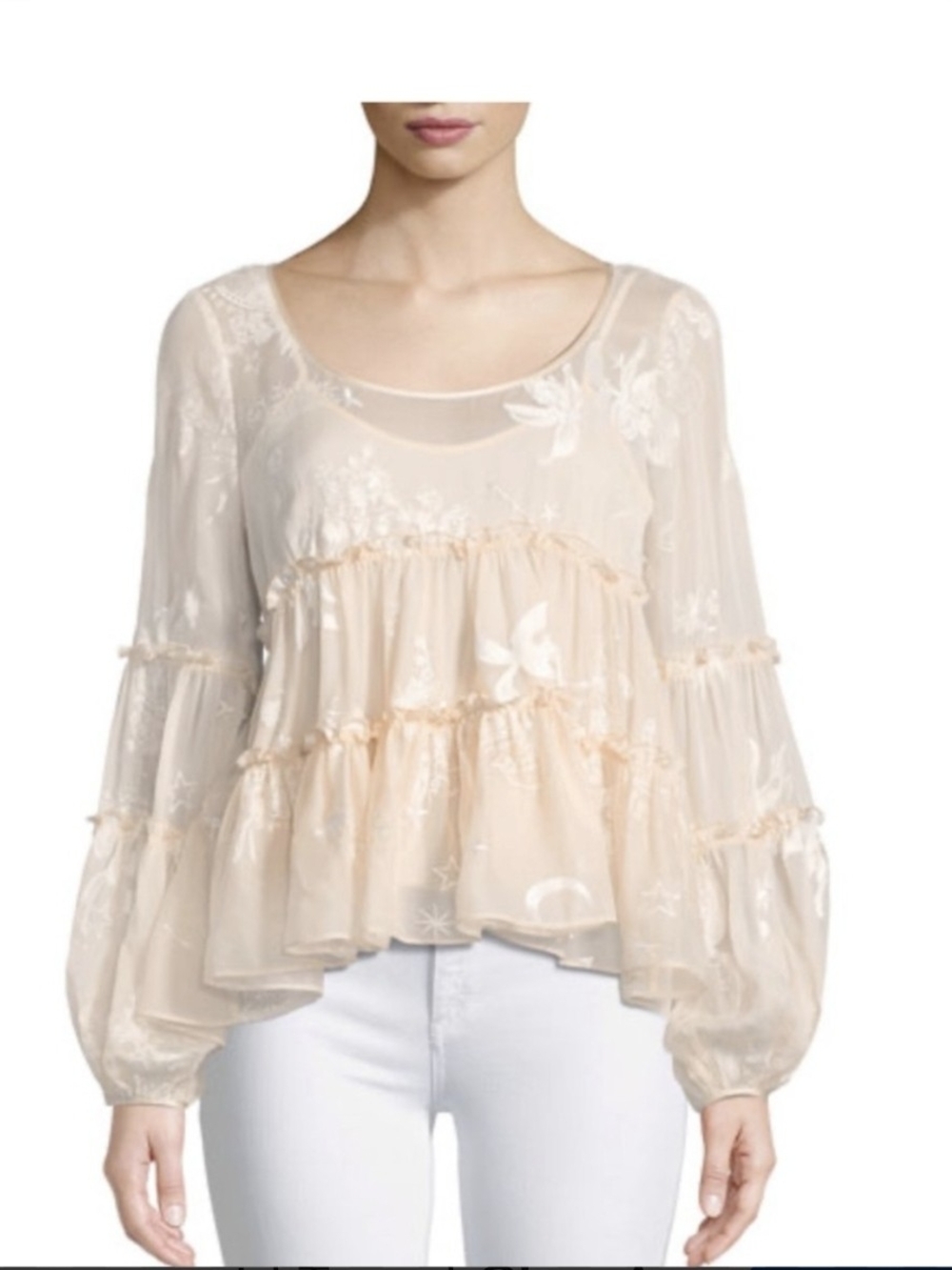 Lightweight Sheer Ruffle Tiered Blouse in Peach - Women